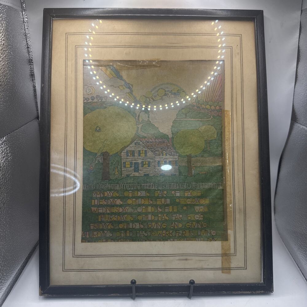 Vintage Monday’s Child Nursery Rhyme Folk Art Framed Print 14.75” x 11.75”